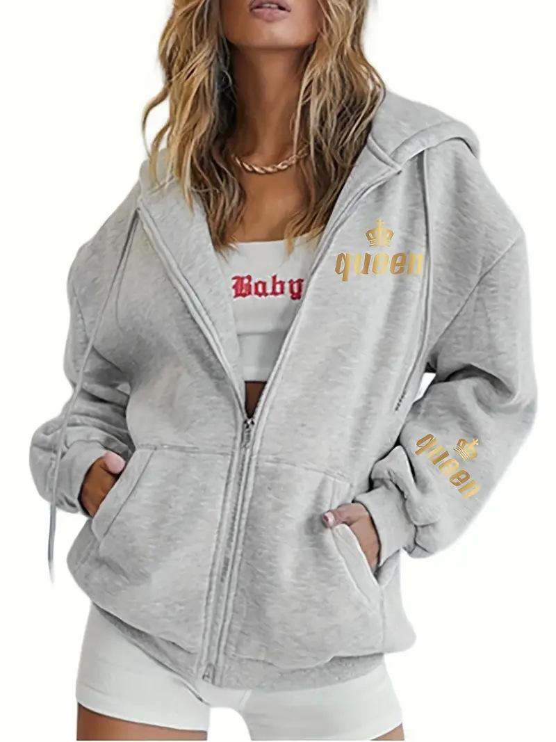 Women's European American Style Letter Print Hooded Sweatshirt Zip Up Casual Fashion Jacket Autumn Winter Print_ecoleips.com