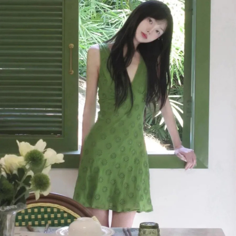 Retro Green Collar Sleeveless Dress for Women French Style Hot Girl Slimming Short Skirt Summer
