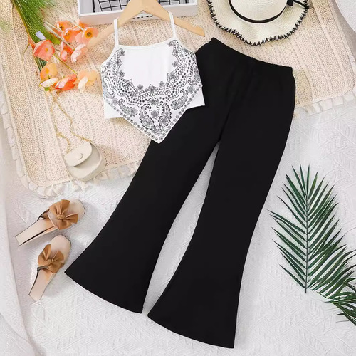 Girls' 2024 Summer Cross-Border European & American-Style Halterneck Sleeveless Irregular Retro Print Flared Pants Two-Piece Set