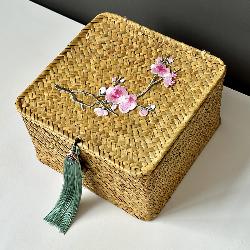 New model embroidered rattan storage basket miscellaneous desktop cosmetic storage box retro covered woven storage box wholesale