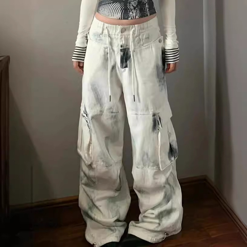 American-Style Oversized Washed Tie-Dye Multi-Pocket Workwear Jeans for Women, Street-Style Straight Loose Wide-Leg Distressed Pants American-Style Oversized Washed Tie-Dye Multi-Pocket Workwear Jeans for Women, Street-Style Straight Loose Wide-Leg Distressed Pants