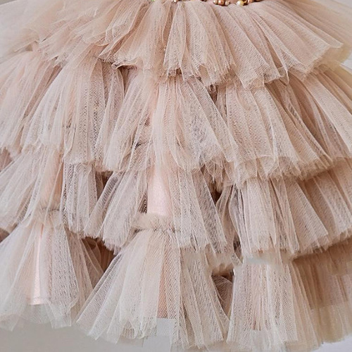 Kids' Dress 2024: New Arrival Girls' Beige Sequin Tiered Suspender Gown with Puffy Tulle Skirt and Bow
