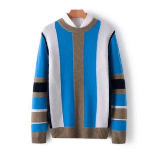 2024 autumn and winter new sweater men's fashion jacquard striped sweater wool color matching thick sweater factory batch