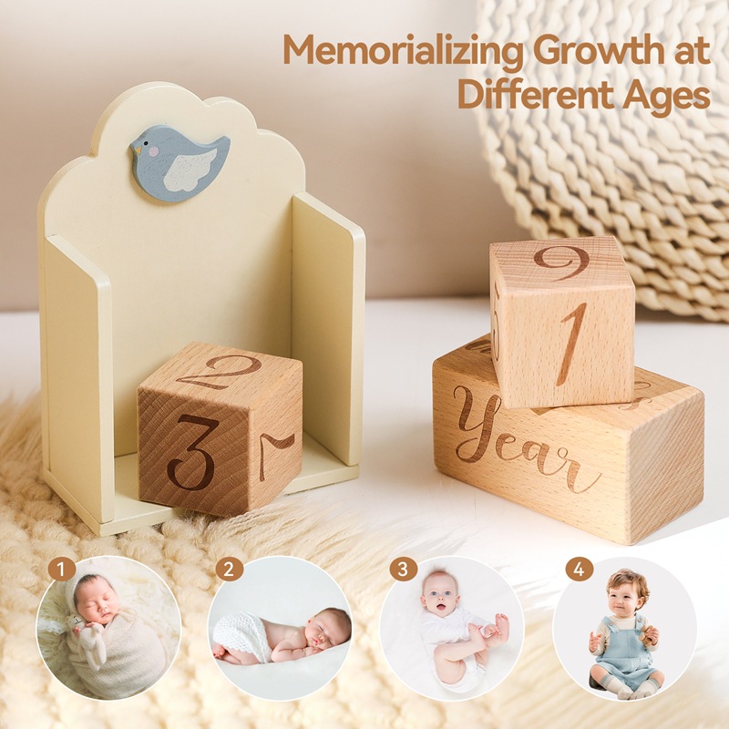 Nuevo estilo transfronterizo de educación temprana para bebés, conmemoración del crecimiento, fotografía, bloques de madera, accesorios, decoración, registro de cumpleaños, hito fotográfico