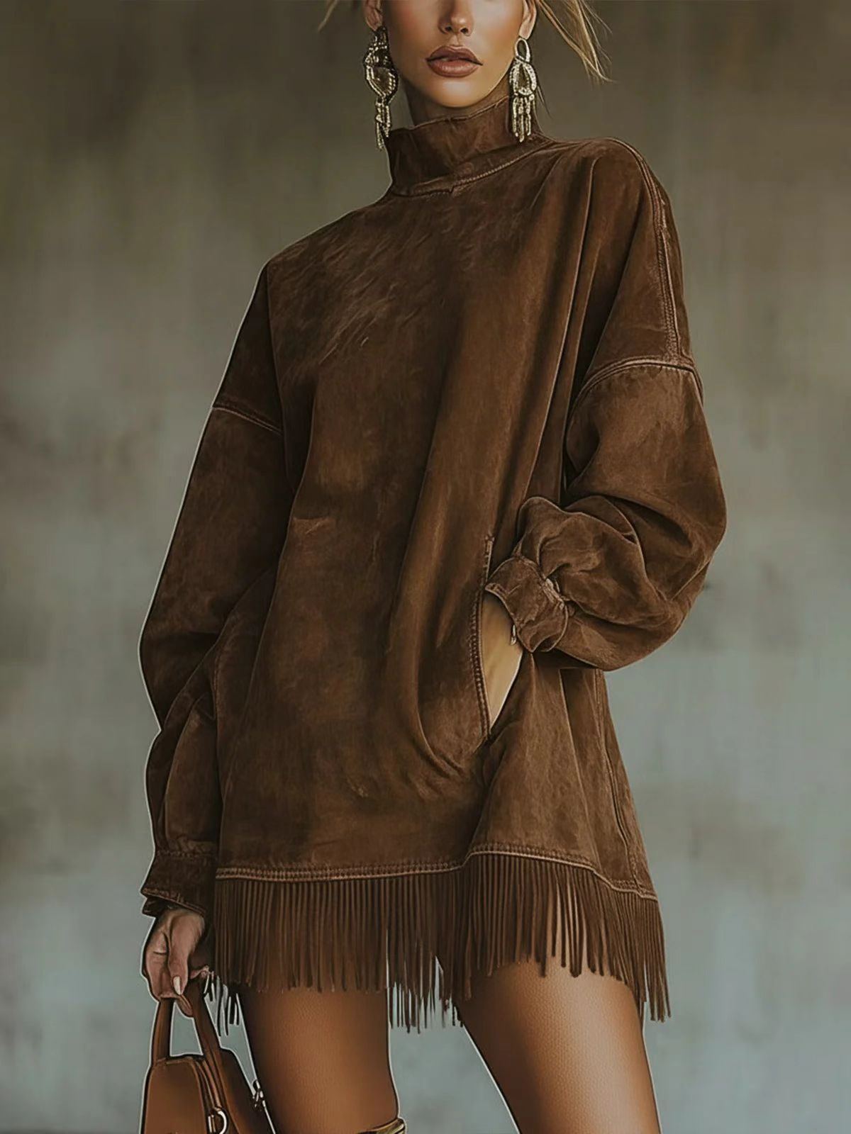 Women's Clothing High Neck Long Sleeve Tassel Detail Suede Dress Loose Fit With Pockets For Women For Formal & Casual For Women_ecoleips.com