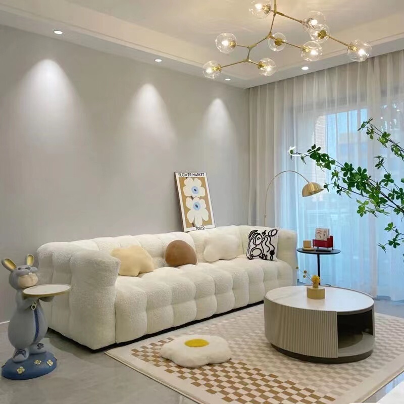 Cream-Colored Marshmallow Sofa for Small Apartments, Fabric Double or Triple Lamb Wool Straight-Row Lazy Sofa, New Model