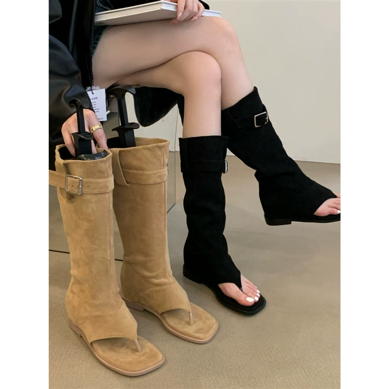 Двойные замшевые плиссированные сандалии в елочку 2023 Новые Западные Ковбойские Сапоги Горячие брюки для девочек длинные сапоги сандалии женские