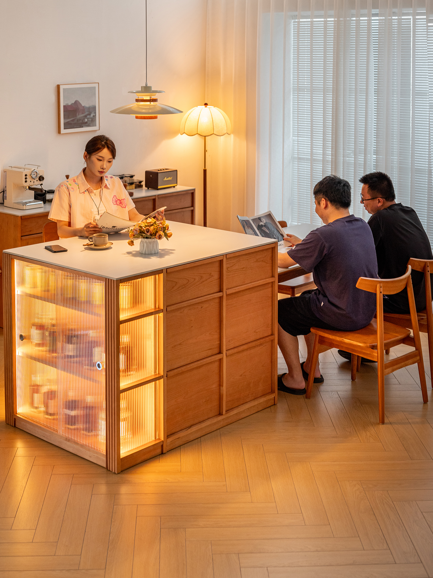 ✅ Nordic Solid Wood Island Dining Table Integrated Cherry Wood Medieval Slate Bar Cabinet Restaurant Kitchen Sideboard Island