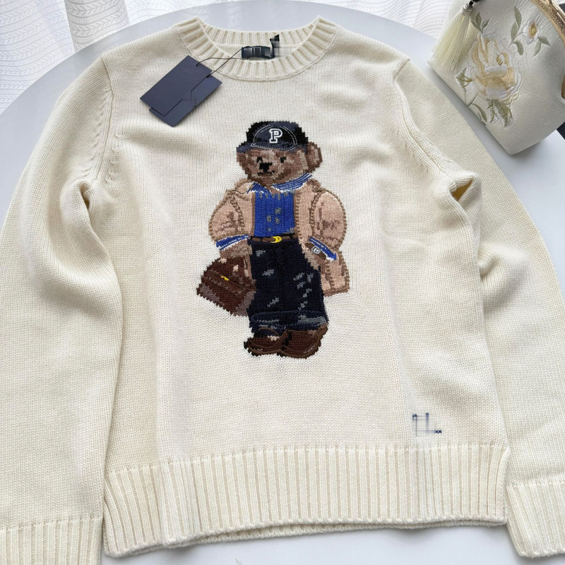 Rl/Scanable Hooded Bear 25 Years Autumn and Winter Wool Heavy Embroider Cartoon Round Neck Knitted Sweater for Women Rl/Scanable Hooded Bear 25 Years Autumn and Winter Wool Heavy Embroider Cartoon Round Neck Knitted Sweater for Women