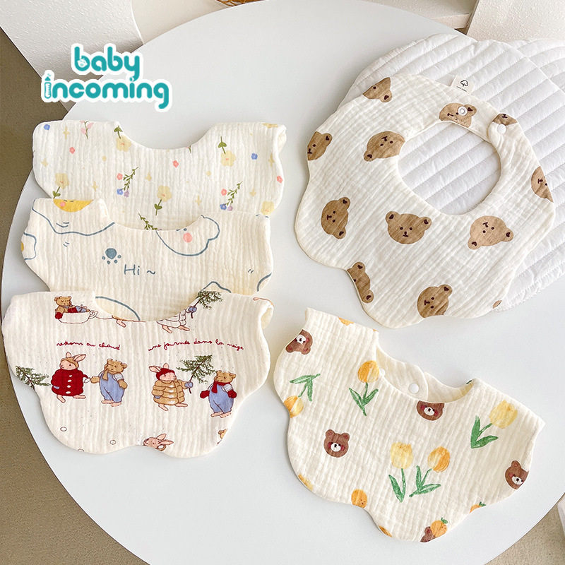 6-Layer Cotton Gauze Baby Saliva Towel 360 Degree Rotating Anti-Dirty Kidsren's Bib Cartoon Printed Petal Bib Wholesale