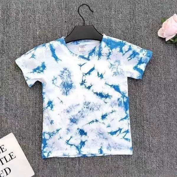 Yunnan Tie-Dye Kidsren's Short-Sleeved T-Shirt, Handmade Blue-Dyed Summer Clothing for Boys and Girls, Breathable and Comfortable Round-Neck Kidsren's Clothing