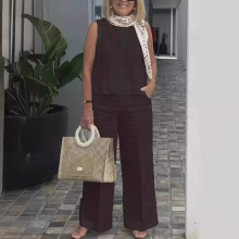 2024欧美女装独立站夏季时尚简约无袖上衣舒适阔腿裤棉麻休闲套装