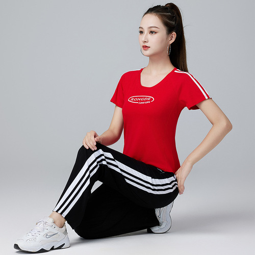 Summer and Autumn New Sports Set T-shirt Top Short Sleeve Tencel Cotton Yang Liping Square Dance Clothing Women's Dance Wear