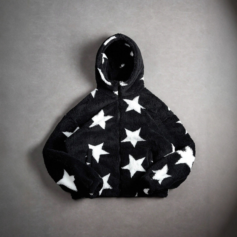 Winter High Street Retro Gothic Ins Style Polar Fleece Star Pattern Jacquard Design Crop Hooded Cardigan Sweatshirt