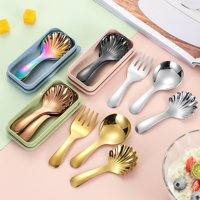 304 de acero inoxidable para niños del bebé cuchara Tenedor cuchara de cabeza redonda cuchara de comer lindo traje portátil vajilla cuchara