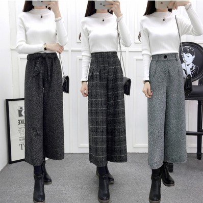 8069高腰毛呢阔腿裤女裤子秋冬季七分九分呢子直筒休闲裤新款