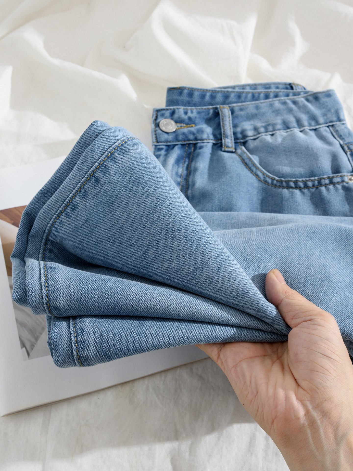 Quần jean ống rộng nữ cạp cao vải lụa mỏng mùa hè — Vintage màu xanh mở rộng