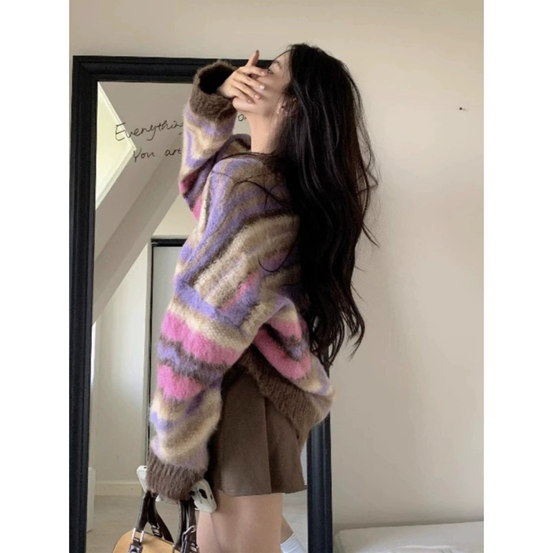 Rainbow Striped Sweater Women's Autumn and Winter Thickened Chic Beautiful Gentle Korean Style Atmosphere Lazy Style Sweater Top