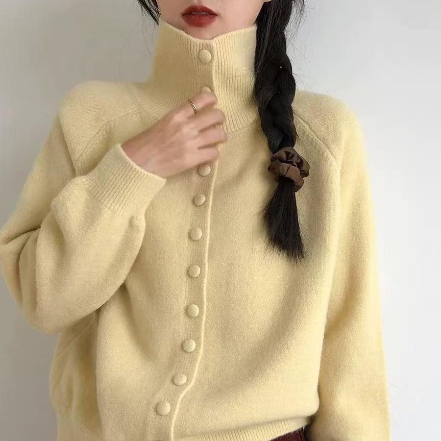 한국 스타일 게으른 스타일 높은 칼라 니트 카디건 여성 2024 가을 겨울 새로운 레트로 느슨한 스웨터 재킷