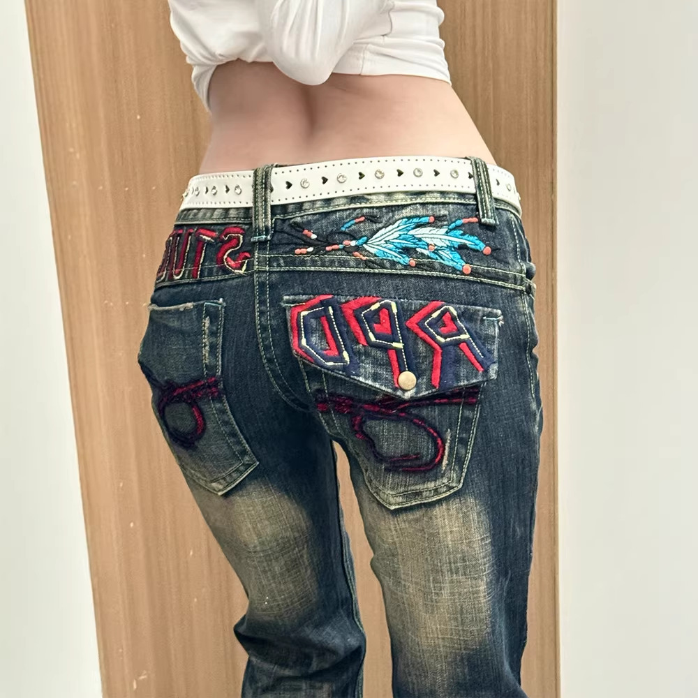 Y2k Vintage Low-Rise Distressed Jeans For Women - Baggy Straight Leg Denim Pants With Heavy Embroidery, Grunge Aesthetic_ecoleips.com