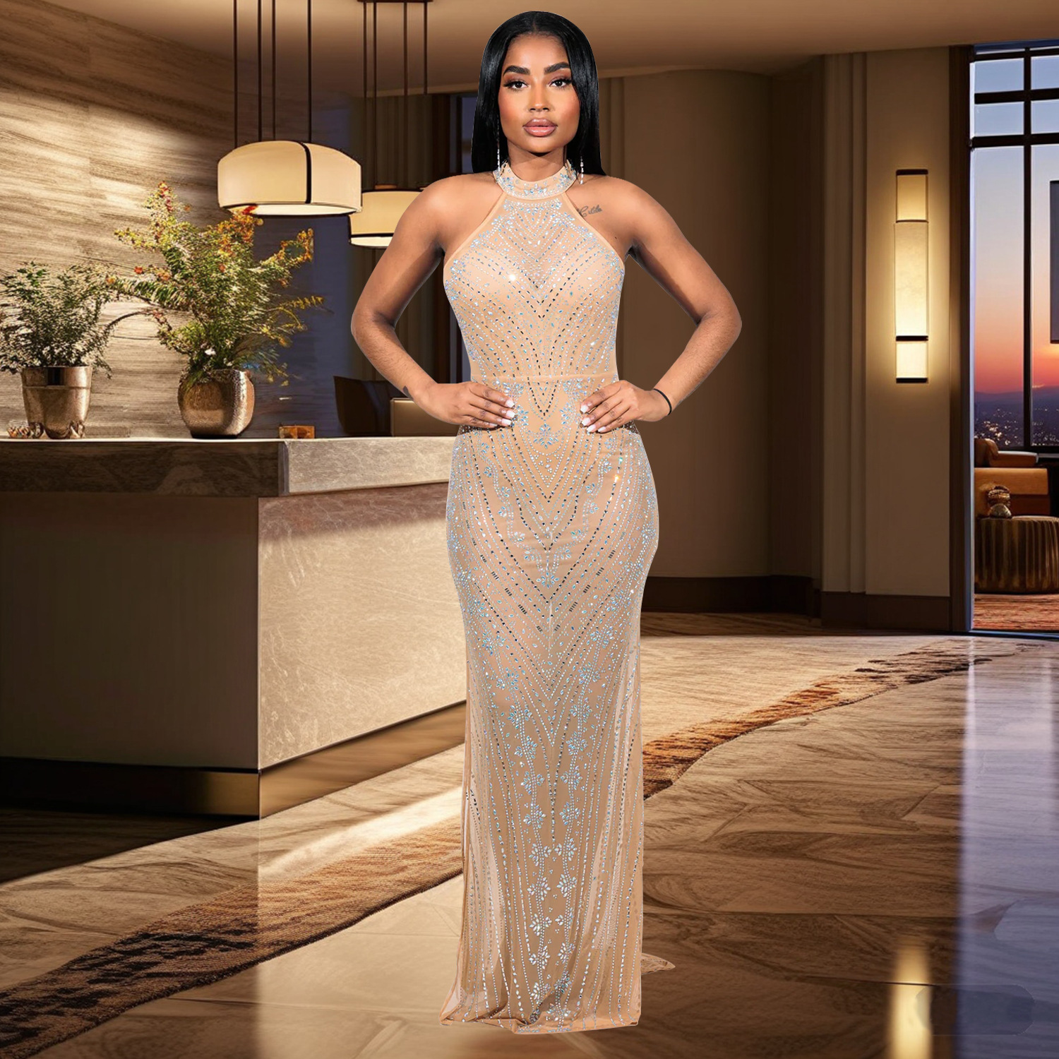 C6957 cross-border AliExpress amazon ropa de moda europea y americana de mujer sexy red de diamantes cuello colgante vestido de cadera