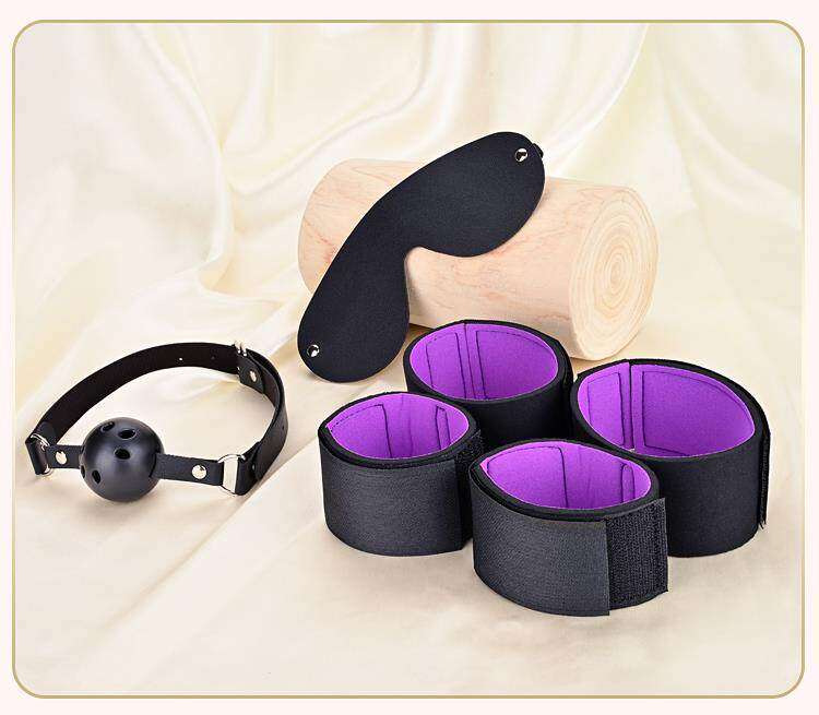 Purple Bondage Set with Handcuffs, Nipple Clamps, Ball Gag, Blindfold and Whip — detail image 6