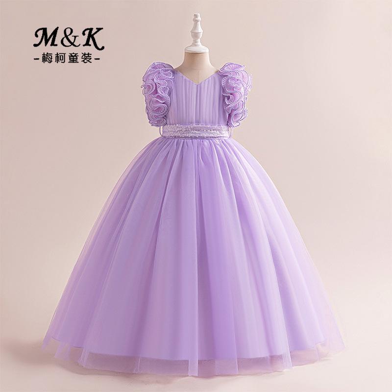 Nuevo vestido transfronterizo para niños, vestido de princesa, vestido de novia, vestido de malla, chaleco de cuello en V, vestido largo