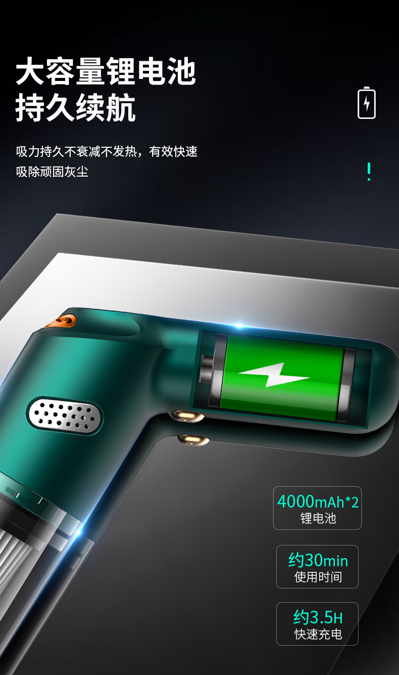 Car vacuum cleaner with strong suction, wireless charging, high-power, compact handheld, suitable for home use and pet hair cleaning
