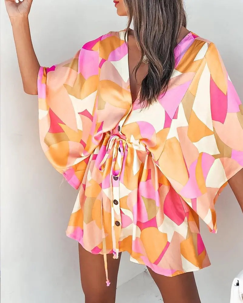Polyester Fabric Type Wholesale Women'S Fashion Printing Plant Daily V Neck Short Sleeve Irregular Skirt