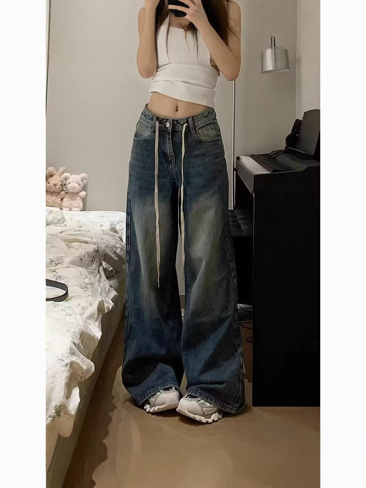 American-Style Vintage Washed Drawstring Design Jeans for Women, High-Waisted, Loose Fit, Slimming Straight-Leg Wide-Leg Floor-Length Pants