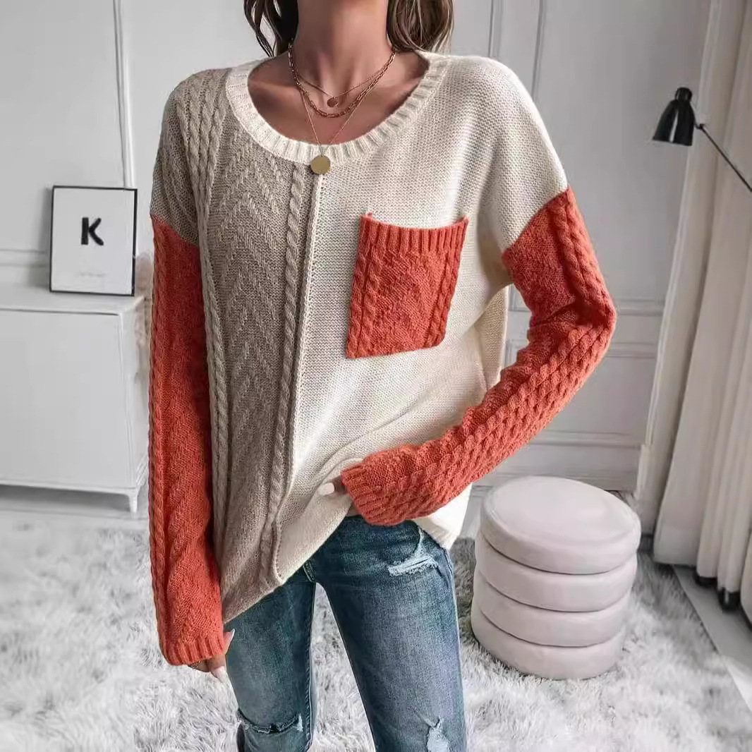 Cozy Patch-Pocket Sweater – Acrylic Blend Pullover With Contrast Stitching (S/M/L/XL, Oversized Fit, Fall-to-Winter Essential, Sweetheart Colors)_voghion.com