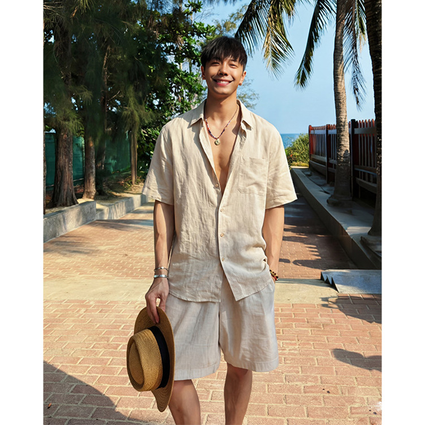 Men's Clothing Men's Old Fashion Style Brown Linen Shirt Summer Vacation Wear Ice Silk Sun Protection Casual Short Sleeve Shirt For Married Men_viptrois.com