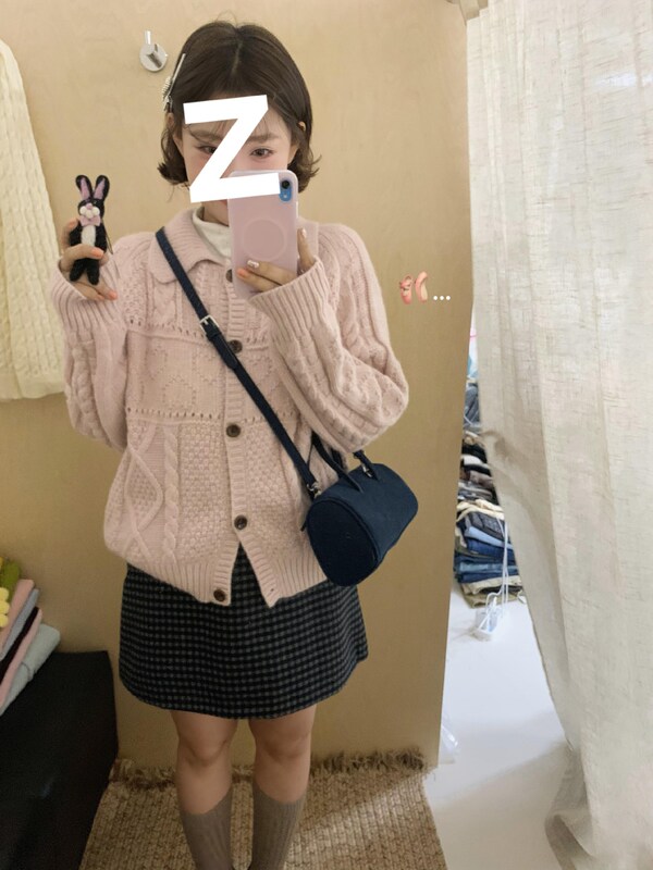 韩系甜美温柔粉色针织开衫毛衣女2025秋季翻领慵懒风外搭上衣外套|undefined