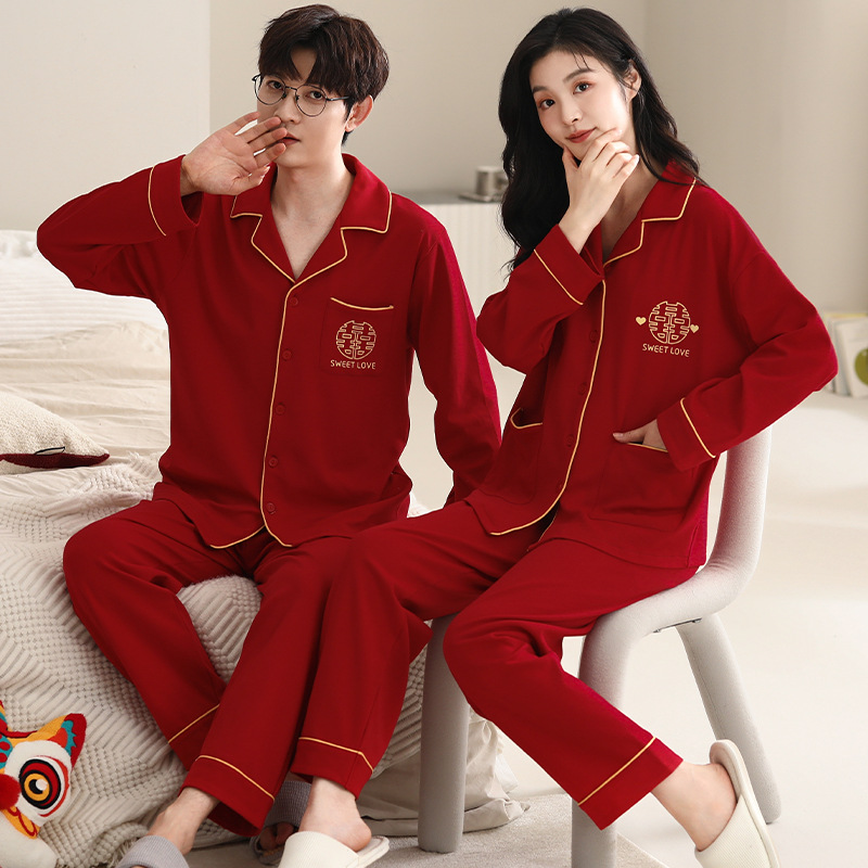 Pijamas de pareja traje de manga larga rojo Algodón mujer primavera y otoño boda de los hombres Otoño e Invierno año de nacimiento homewear