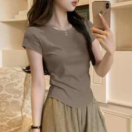 棉大码微胖mm圆领正肩短袖t恤女夏季新款简约修身显瘦短款上衣厂