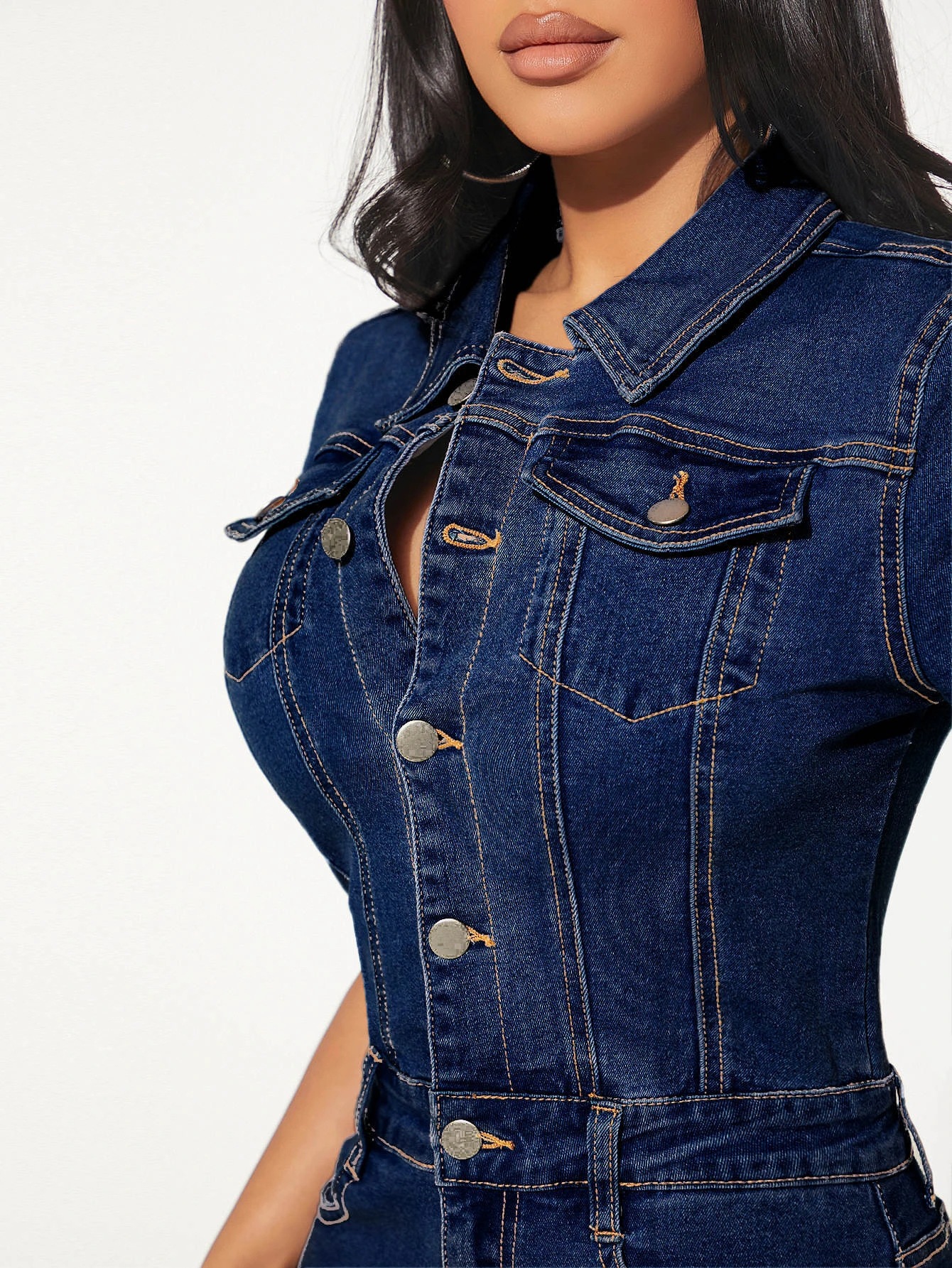 Women's Clothing 3558 slim fitting elastic sexy stretch breasted denim hip covering dress one piece midi skirt one step skirt_voghion.com