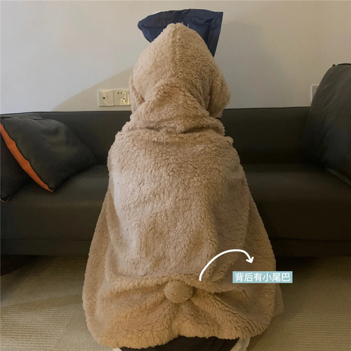 Original design autumn and winter thickened warm blanket cute cartoon bear shawl with hat nap blanket cloak