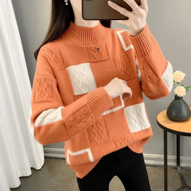 Foreign trade casual style checkered sweater for women, 2026 new autumn half-high collar square jacquard knit top
