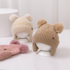 Double ball cartoon baby knitted hat autumn and winter ear protection baby knitted woolen hat warm windproof plush children's hat