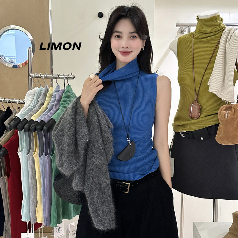 thelimon柠檬绿茶2025秋季新款韩系纯色高领无袖背心针织衫女上衣|undefined
