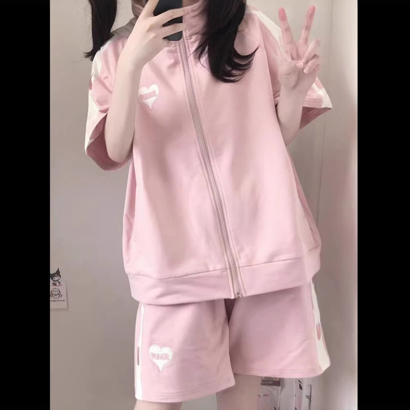 Summer Fresh College Style Casual Sports Suit for Women, Loose and Fashionable, Age-Reducing and Slimming, Zipper Short-Sleeved Jacket and Shorts