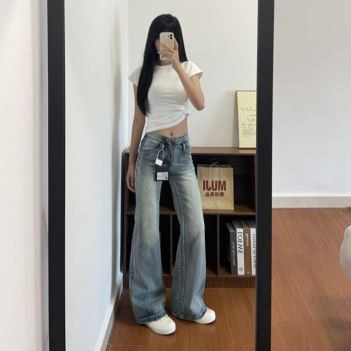 American-Style Low-Waist Flared Jeans for Women, Summer Wide-Leg Loose Fit, Straight-Leg Bell-Bottom Pants, Slimming Pants for Women