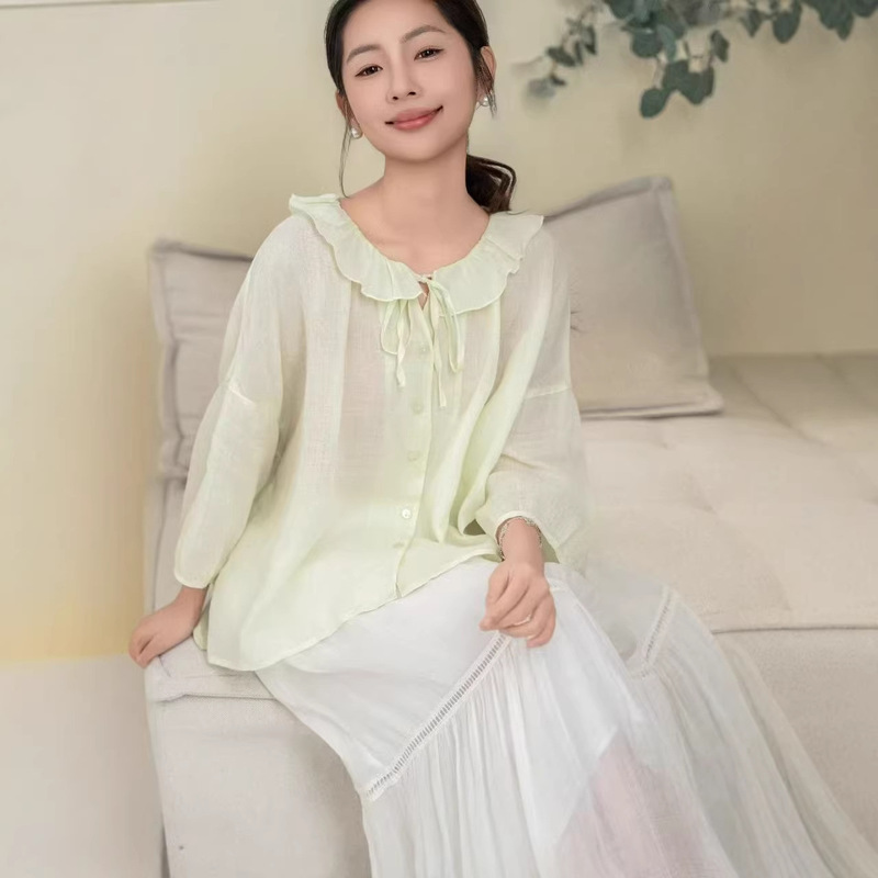 Japanese-Style Mori-Style Lace-Up Collared Ramie Shirt for Women, New Summer Style, Loose and Versatile, Age-Reducing Raglan Sleeve Top for Women