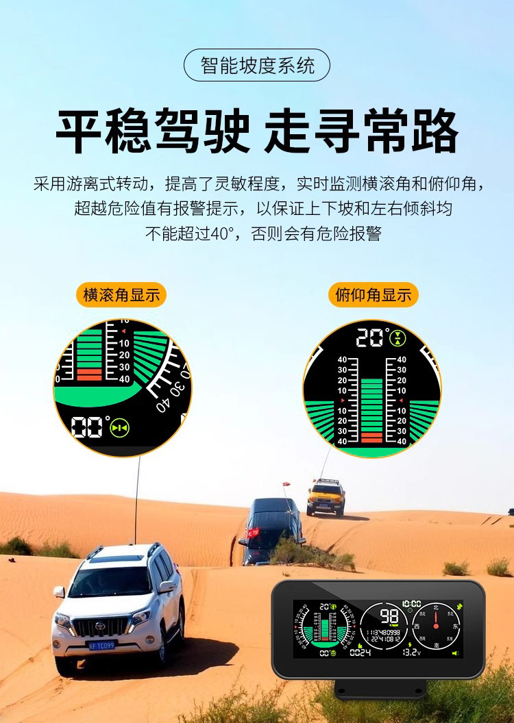 Car Hud Head-Up Display Universal Gps Speedometer Altitude Compass Off-Road Slope Meter Hd