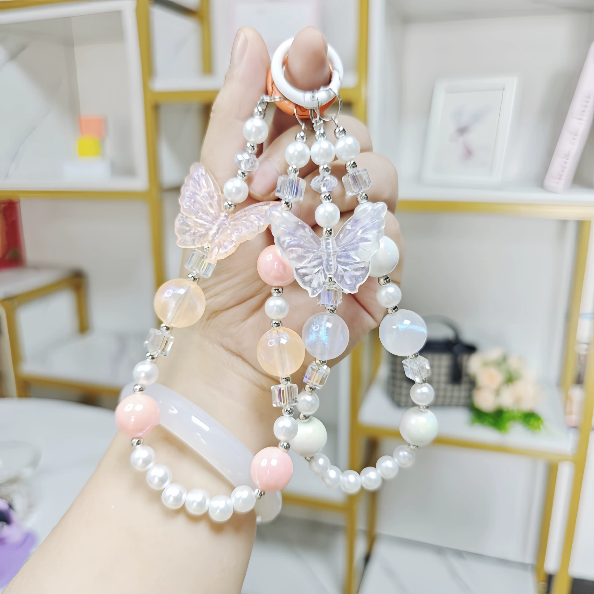 Creative beaded bracelet, mobile phone, pendant, handle, acrylic key bag with bow, bag accessory, handmade
