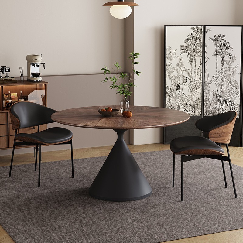 Mesa de comedor redonda de madera maciza medieval, mesa redonda de color nórdico retro de madera de nuez, estilo moderno y simple