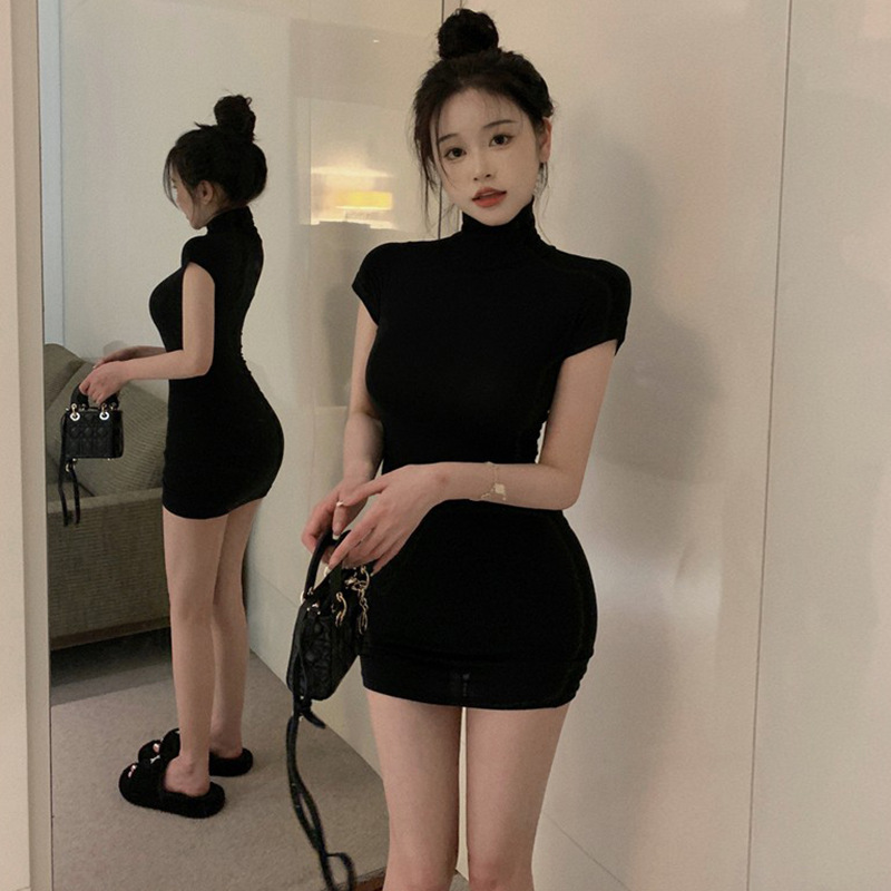 Pure Desire Style Sexy Slim-Fit Short-Sleeved High-Neck Dress Women's Summer Hot Girl Short Dress Tight-Fit Waist Elegant Hip-Wrap Dress