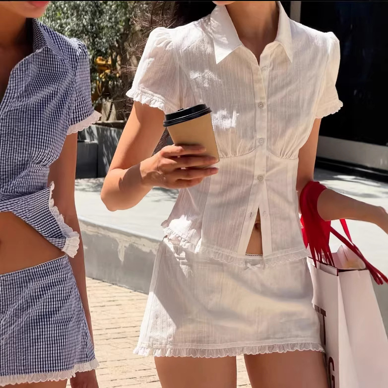 Summer New Style Women's American-Style Lace Patchwork Lapel Slim-Fit Plaid Short-Sleeved Shirt + Casual Skirt Set