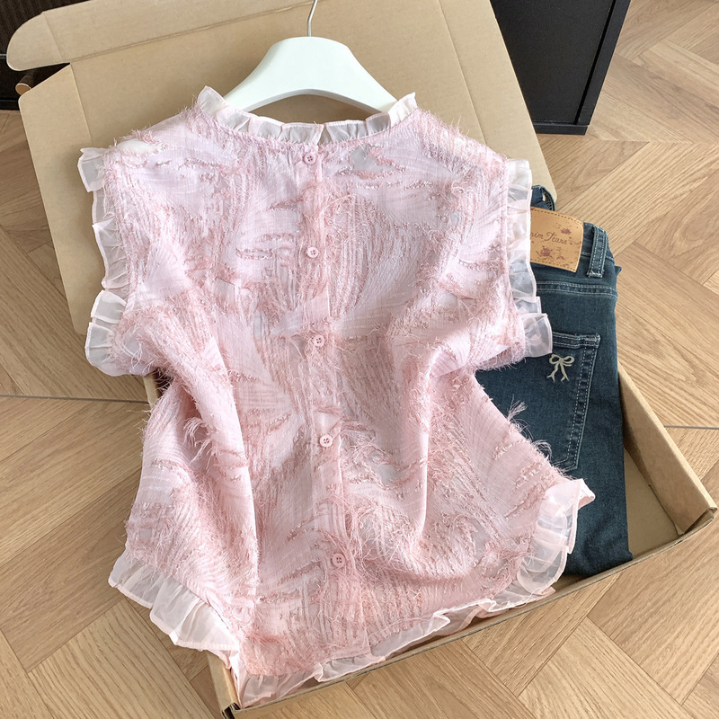 French-Style Sweet Pink Tassel Ruffle Sleeveless Shirt for Women, Summer Korean-Style Doll Collar Top A12521 French-Style Sweet Pink Tassel Ruffle Sleeveless Shirt for Women, Summer Korean-Style Doll Collar Top A12521