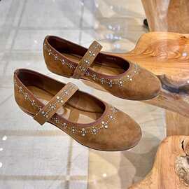 羊皮版～水钻铆钉磨砂绒面玛丽珍鞋女新款法式平底圆头芭蕾舞单鞋